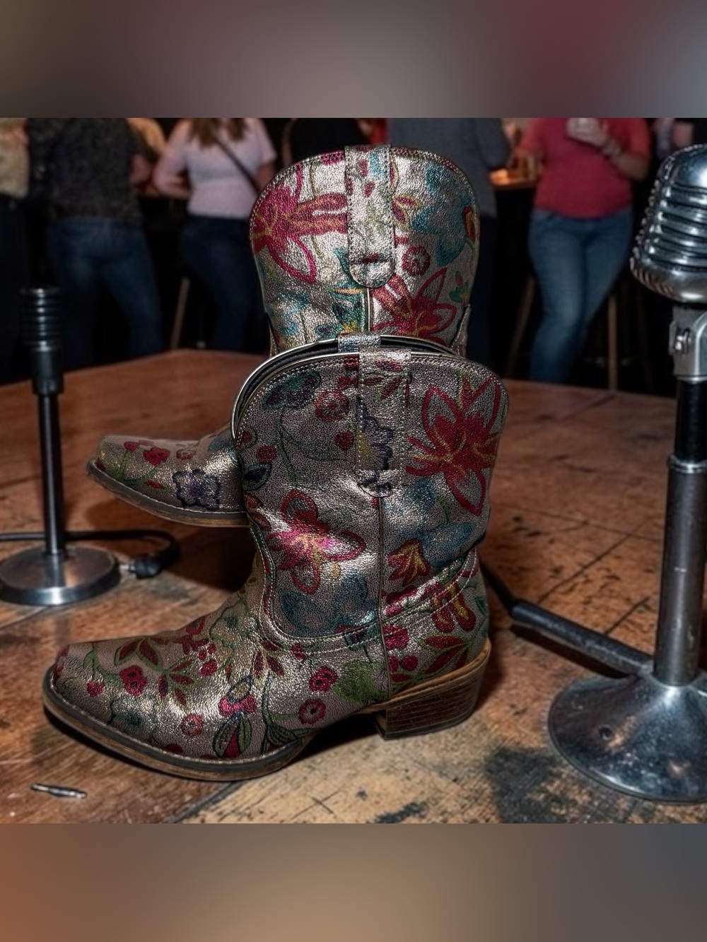 Roper Metallic Vegan Leather Western Boots with Red Floral Stitching